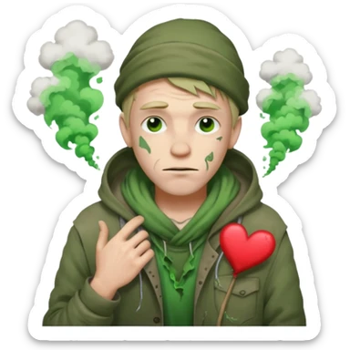 Homeless Caucasian male with green smoke around him and ripped clothes with valentines decor (no balloons) sticker