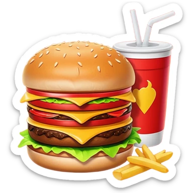 A clean and simple icon of fast food in emoji-style illustration. A burger with fries and a soda cup, bright and bold colors, simple shapes, flat design, high contrast, inviting and appetizing. sticker