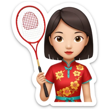 ancient cheongsam girl with 1 badminton racket, red sticker