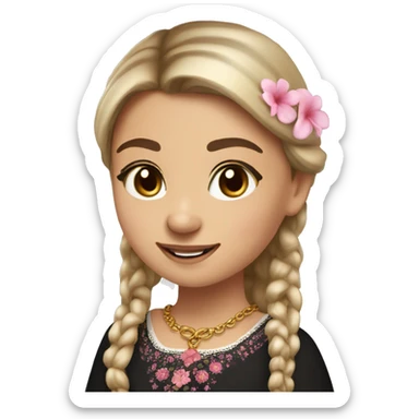 Slavic girl, light skin, brown eyes, black-to-blonde ombre straight tail, smiling with teeth, wearing beautiful dark blouse with a folk pattern of small pink flowers and gold necklace. sticker