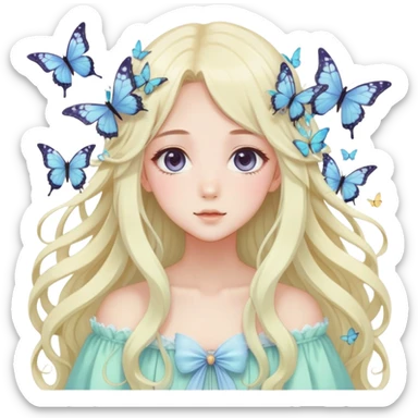 gorgeous anime pastel lady with butterflies and beautiful hair fairycore cottagecore sticker