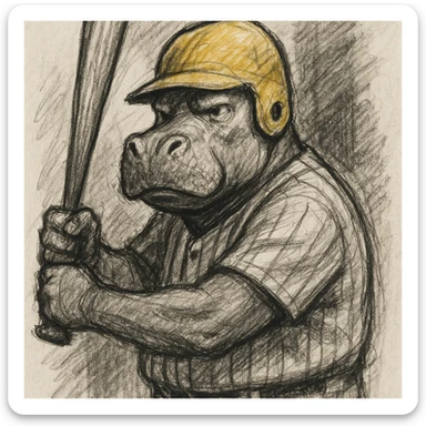 hippo holding a baseball bat, wearing a yellow helmet, pinstripes outfit sticker