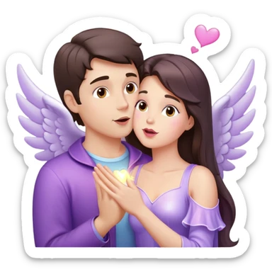 White brunette man human with rays of light Heart kisses a pastel purple angel woman sticker