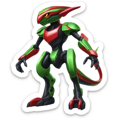 a shiny black-green-red Genesect-Flygon-Raptor-Fakémon-Medabot-hybrid with a futuristic visor-helmet full body sticker