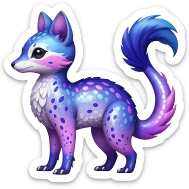  Flecked speckled oriental Hyper-realistic Shiny iridescent glossy oily smooth silky soft White with indigo-Violet-purple-pinkish-gradient markings beautiful handsome gorgeous aesthetic colorful vibrant Vernid-Trico-species-Fakemon-creature by LiLaiRa, 4 legs, 1 tail, random markings, (full body) sticker