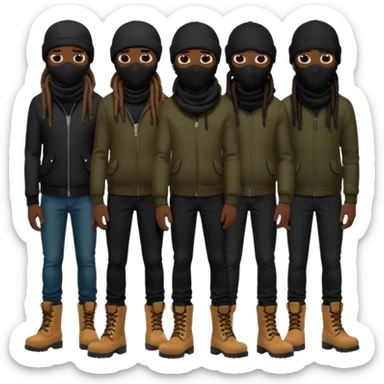 Group of African American men with dreadlocks wearing black ski masks covering their face wearing black skinny jeans and black timberland boots sticker
