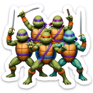 Give me a picture of 4 teenage mutant ninja turtles. Make them hold a fighting pose. One should be red, another orange, another purple, another blue sticker