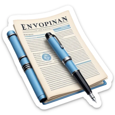 Create an emoji representing journalism and publicistic writing. The design should feature an open newspaper or a stack of articles with visible text columns, symbolizing opinion pieces and analysis. A classic fountain pen or ballpoint pen should be placed near the papers, indicating the act of writing. Optionally, include a small microphone or a press badge to emphasize investigative and journalistic aspects. Use neutral and professional colors like black, white, and muted blue or red. Do not include any emojis or smiley faces. Make the background transparent. sticker