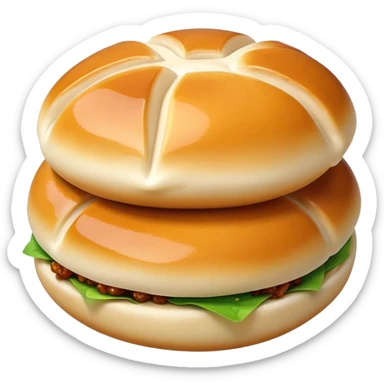 Shanghai pan-fried pork buns Shengjianbao with visible crispy bottom, simplified emoji style with bold outlines and bright colors, cartoon style juicy breakfast buns sticker