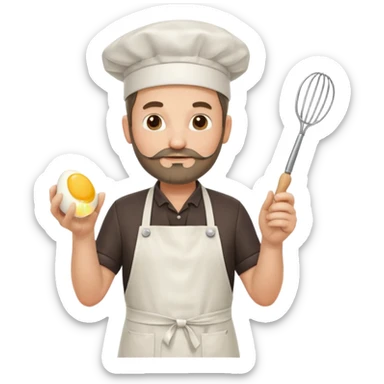 Middle aged male pastry chef - with a small beard, apron, white hat, holding an egg beater in his right hand, and his left hand naturally hanging down to his side sticker