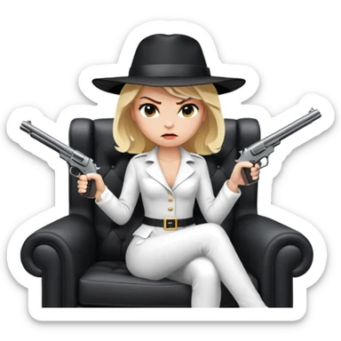 Mafia blondes angry woman in hat , gun ,black armchair , white costume  sticker