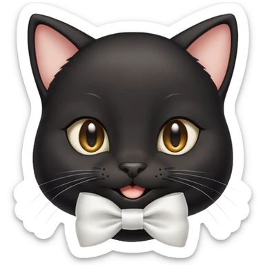 A cute black cat with mole above left side eye smiling with smiley eyes and having a white ribbon at right side of head sticker