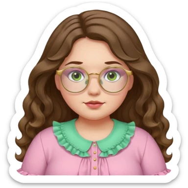 Girl girl long wavy brown hair with middle part, pale green eyes, plus size, pink frilly shirt, gold rimmed glasses sticker