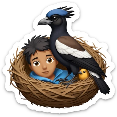 An Australian Magpie, birds nest that is located at the top of a man's head. sticker