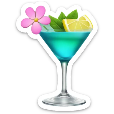 Blue/green cocktail with pink flowers and lemon sticker