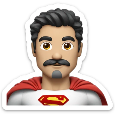 Super hero, black hair, grey temples, thick mustache, red and white superman costume sticker