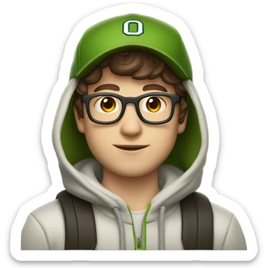 jeremy allen white with brown hair, glasses, and a university of Oregon baseball hat, and a hoodie, and fair skin  sticker