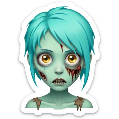 female zombie with bright turquoise hair, rotting skin, sunken eyes, cute but scary sticker