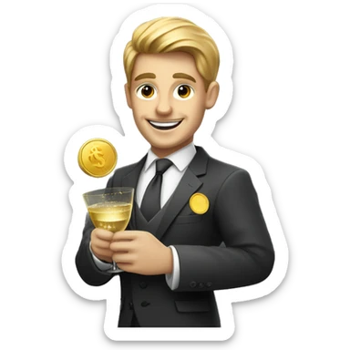 Smiling person in a tailored suit holding a gold coin in one hand and a champagne glass in the other, with dollar signs sparkling in their eyes sticker