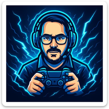 Create a modern, bold gaming logo based on the reference photo. Stylize the person with a cool gaming headset and holding a controller. Add glowing blue and white effects, with dynamic lightning accents. Use blue as the primary color. Make it energetic and suitable for a 'stream starting soon' background. sticker