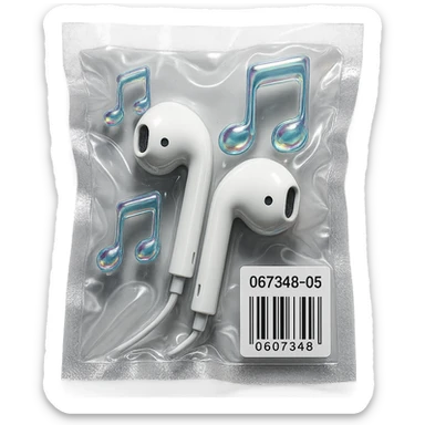 pair of white EarPods with three floating iridescent glass music notes, shiny and puffy, vacuum-sealed style sticker