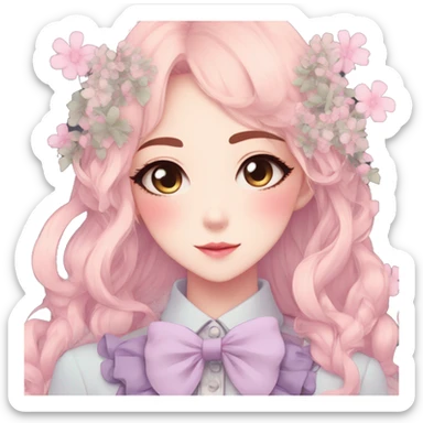 Gorgeous pastel anime style lady with blushing face and flowers and laces and bow ties aesthetic trending style sticker