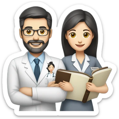 husband classic middle aged executive dark hair thin beard wearing business suit holding bible, with wife asian age 55 dark hair wearing nurse uniform sticker