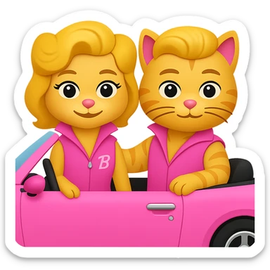 Add Barbie and Ken style wigs to both cats, keep them in a pink convertible, emoji style, no background. The style should resemble emoji style with bright colors and simple shapes. sticker
