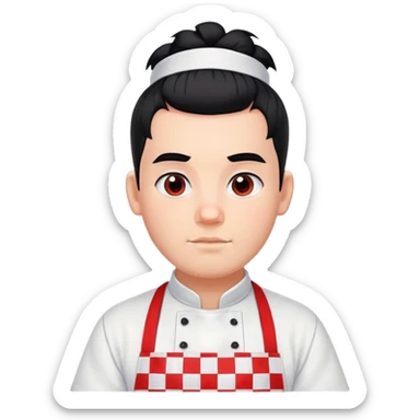 big boy with black hair in a topknot, wearing a white apron with red squares pattern sticker
