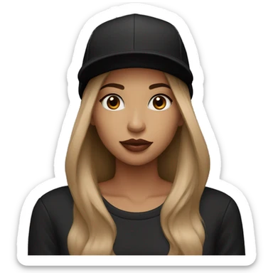 A beautiful woman wearing a black cap and black sweatshirt, big lips, brown straight long hair.  sticker