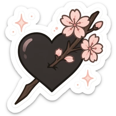 goth sakura heart, heart pierced by sakura branch, black and pink, magical sparkles sticker