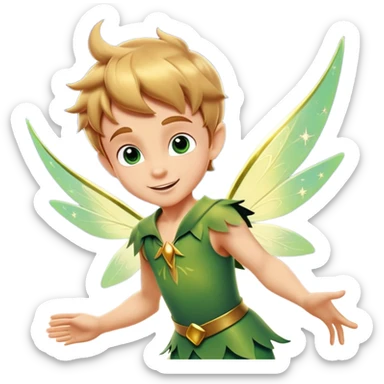 cinematic-realistic-peter-pan-portrait, head tilted dramatically with an exaggeratedly amused expression and sparkling eyes brimming with playful mischief, his iconic outfit rendered in vivid detail with dynamic shadows, soaring through the air accompanied by a glowing Tinker Bell, whose delicate wings leave a trail of shimmering pixie dust across a whimsical sky. sticker
