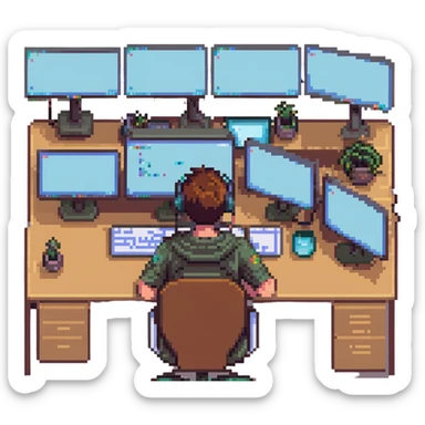coder at a desk with multiple monitors, pixel art style sticker