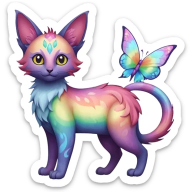 White pastel iridescent rainbow-gradients-color-marked with swirly patterns butterflies  faerie-Noivern-Noibat-Purloin-Torracat-Lykoi-Caracal-cat-Fakemon-fusion-hybrid-creature sticker