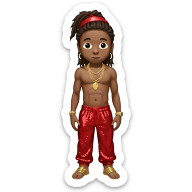 Lil Wayne with long dark brown hair, red sequin baggy pants, shirtless with necklace sticker