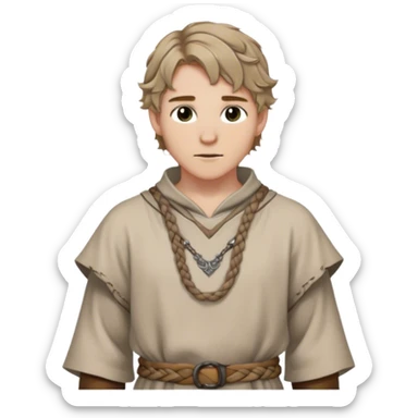 medieval spring outfit worn by a DnD themed fantasy male character. soft wool tunic with a loose collar and a simple braided cord belt. clothes only above the waist. The clothes full waist. The character's haven't arms. character is white-skinned, dark blonde hair, gray eyes, short wavy hair. sticker