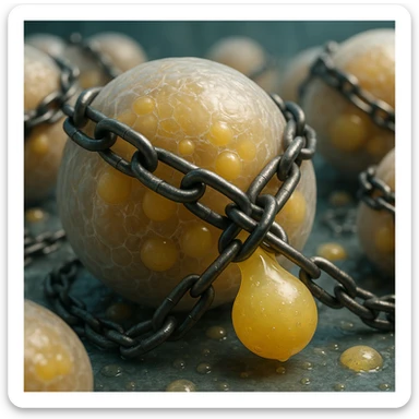 hyper realistic 4K adipocytes releasing fat but blocked by chains, membrane details, clinical atmosphere sticker