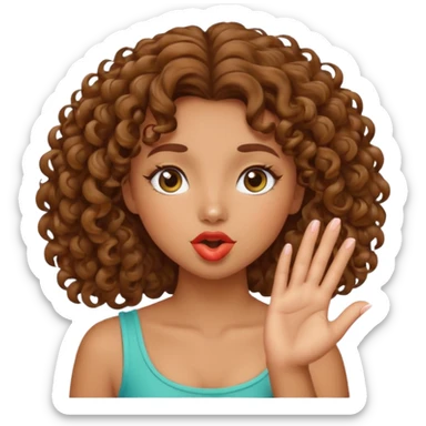 Tan girl with curly brown hair blowing a kiss sticker