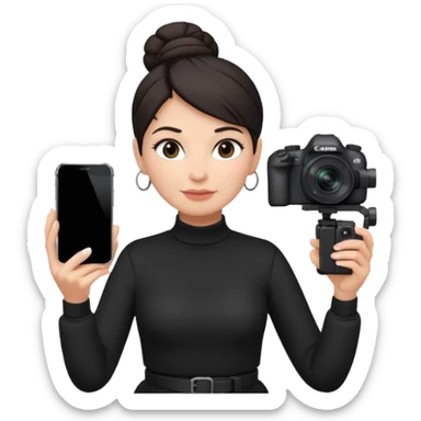 middle aged woman photographer with dark hair in a bun, wearing black clothes, carrying a canon r5 and an iPhone on a gimbal sticker