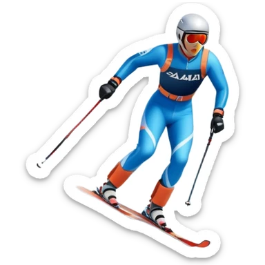 An icon featuring a skier racing down a snow-covered slope, surrounded by snowy peaks, pine trees, and a picturesque mountain landscape. The sky is blue with soft clouds, capturing the thrill and beauty of alpine skiing. Transparent background highlights the excitement and serenity of winter sports. sticker