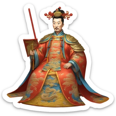 Qianlong, Qing dynasty's emperor, is recognized by his majestic attire: dragon-adorned imperial robes, a court headdress, and a ceremonial scepter. 🐉👑 sticker