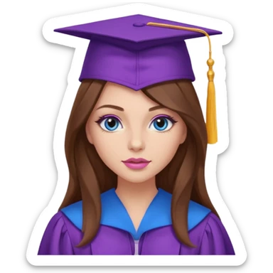 girl with gorgeous long brown hair, blue eyes, long lashes makeup, sexy pink lips, wearing a purple graduation cap and gown sticker
