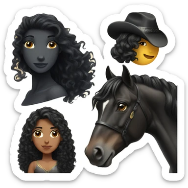  girl, long black curly hair, next to a black Arabian horse sticker