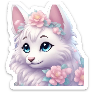 Anthro Cute Cool Blushing Pastel Innocent Shy Kawaii gorgeous sparkly ethereal fantasy anime animal creature with blue eyes furry sona with flowers and ribbons beautiful aesthetic sticker