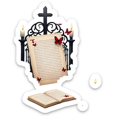 A surreal dreamscape where blackened love letters float in the air, encircled by deep red butterflies and Gothic crosses. The scene is framed by rich crimson peonies and pansies, their petals illuminated by the soft glow of dark red candles sticker