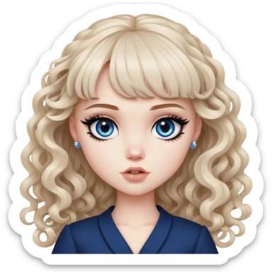 pale skin, bangs long curly brown hair, dark blue eyes, black eyeliner, pretty bratz baddie sticker