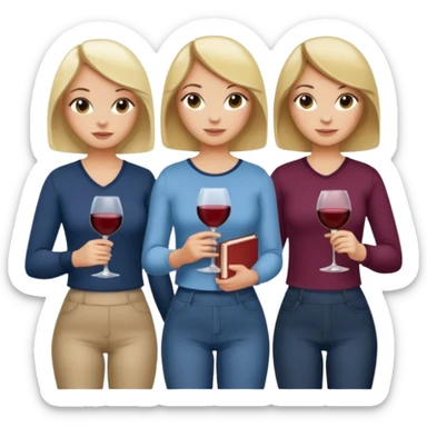 4 gals from the waist up in a casual top, each holding books and a wine glass. One has a blonde bob, one has a brunette bob, one has blonde long hair, and one has brunette long hair. sticker
