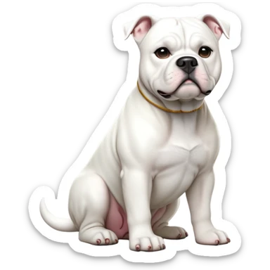 cinematic-[solid white american bulldog]-realistic-full-body-sitting-emoji,-tail-resting-loosely-beside-its-paws,-head-tilted-dramatically,-sleek-[solid white]-fur,-simplified-yet-realistic-focused-features,-highly-detailed,-glowing-with-an-almost-sarcastic-glow sticker