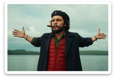 Сгенерируй мне в такой же позе и в такой же одежде Че Гевара и с сигарой в зубах, без надписей и слов sticker