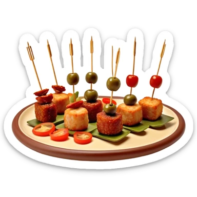 Tapas (4 Pintxos) Cinematic Realistic Tapas Dish Emoji, depicted as an assortment of 4 pintxos elegantly arranged on a plate, rendered with lifelike textures and vibrant, inviting lighting. sticker
